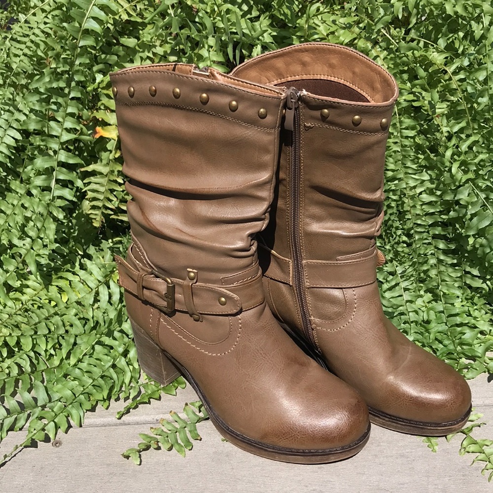 Brown Faux Leather Studded Boots with Heel